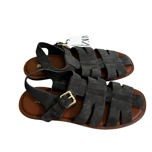 ZARA Suede Fisherman Sandals Gray Size 9 Leather Buckle Strap Flat NWT - Picture 6 of 7
